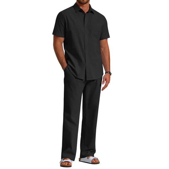 COOFANDY Men's 2 Piece Linen Beach Outfits Short Sleeve Button Down Shirts Loose Pants For Men