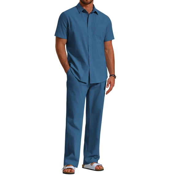 COOFANDY Men's 2 Piece Linen Beach Outfits Short Sleeve Button Down Shirts Loose Pants For Men
