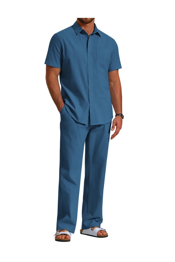 Men's 2 Piece Linen Beach Outfits Short Sleeve Button Down Shirts Loose Pants For Men