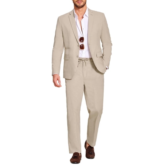 COOFANDY Men's 2 Piece Linen Blended Suits Set Regular Fit Casual Lightweight Cotton Linen Beach Wedding Blazer and Pants
