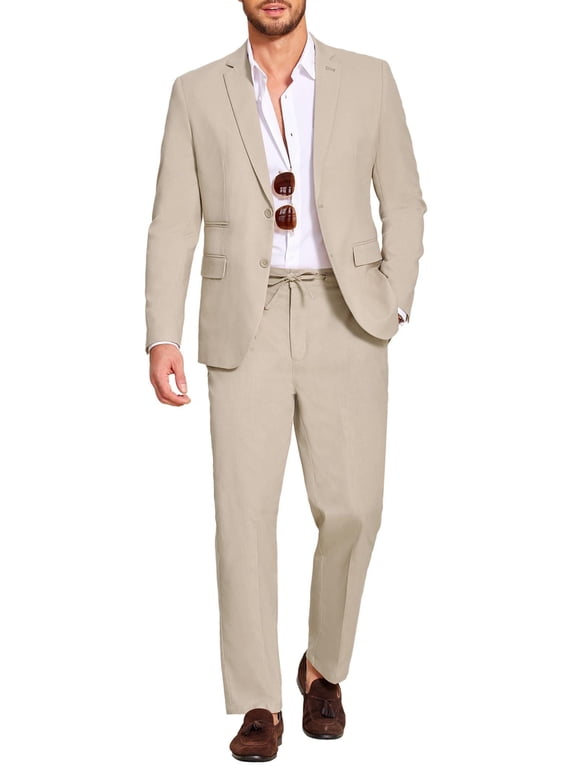 Men's 2 Piece Linen Blended Suits Set Regular Fit Casual Lightweight Cotton Linen Beach Wedding Blazer and Pants