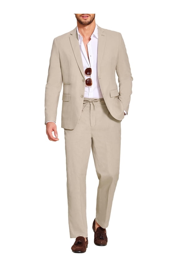 Men's 2 Piece Linen Blended Suits Set Regular Fit Casual Lightweight Cotton Linen Beach Wedding Blazer and Pants