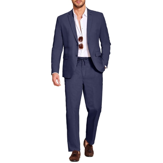 COOFANDY Men's 2 Piece Linen Blended Suits Set Regular Fit Casual Lightweight Cotton Linen Beach Wedding Blazer and Pants