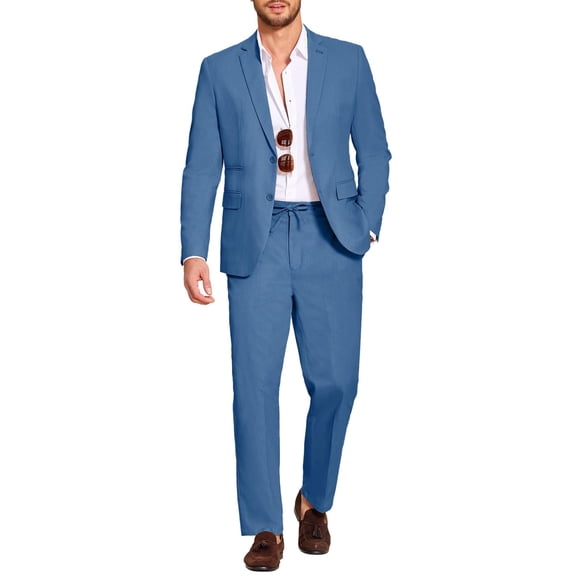 COOFANDY Men's 2 Piece Linen Blended Suits Set Regular Fit Casual Lightweight Cotton Linen Beach Wedding Blazer and Pants