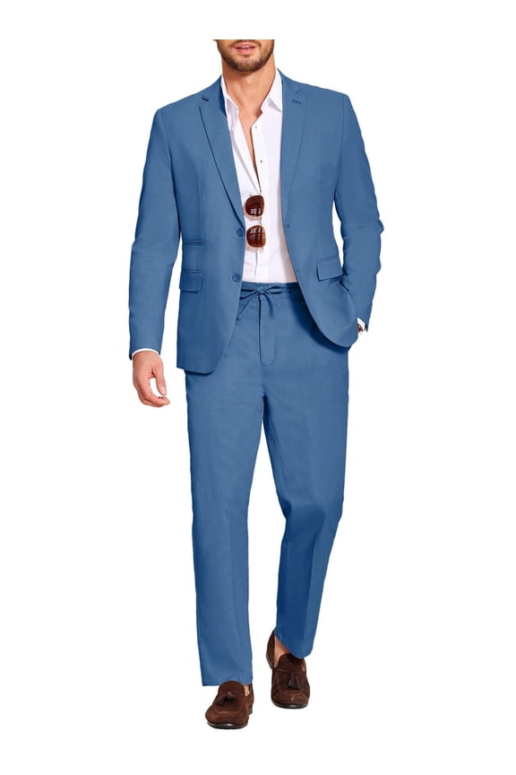 Men's 2 Piece Linen Blended Suits Set Regular Fit Casual Lightweight Cotton Linen Beach Wedding Blazer and Pants