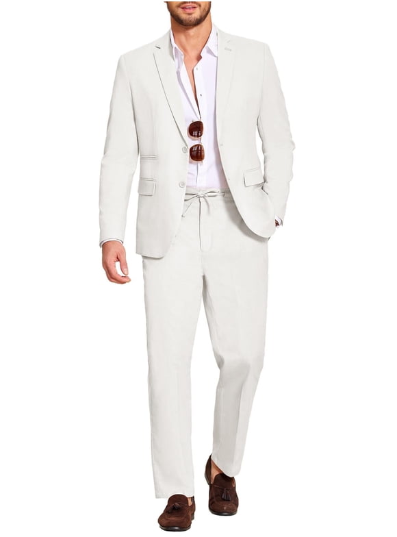 Men's 2 Piece Linen Blended Suits Set Regular Fit Casual Lightweight Cotton Linen Beach Wedding Blazer and Pants