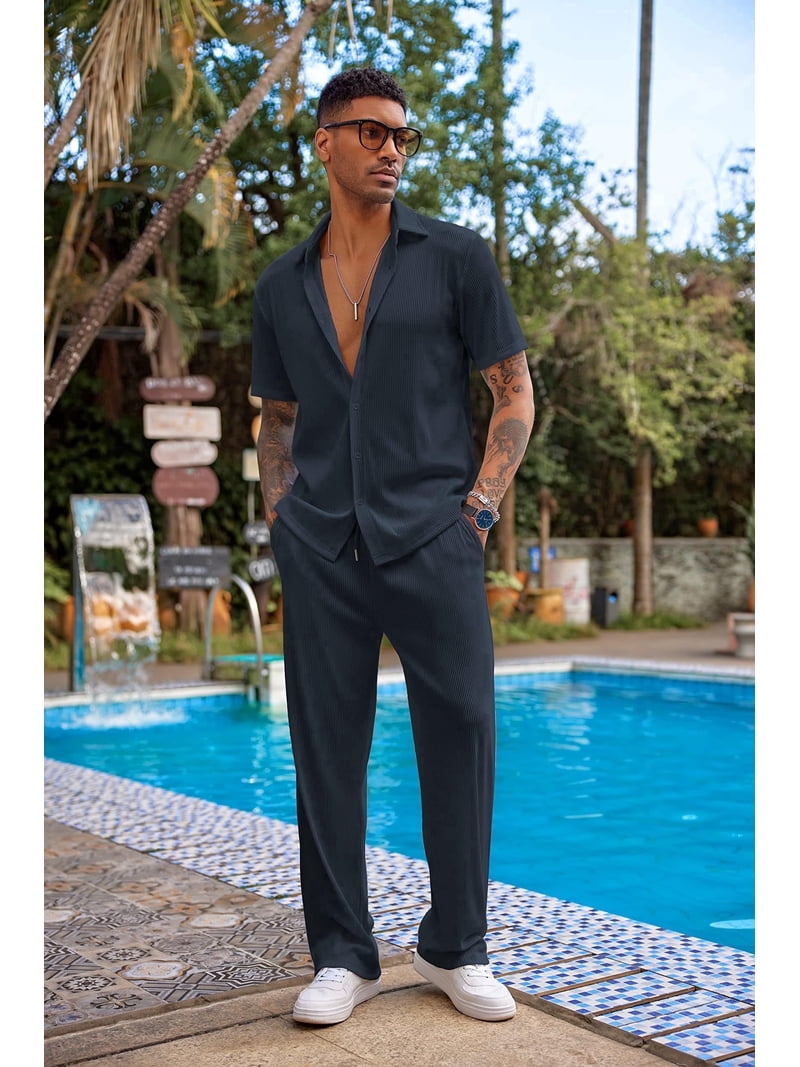 COOFANDY Men's 2 Piece Outfit Casual Short Sleeve Button Down Shirt Beach Summer Loose Pant Sets