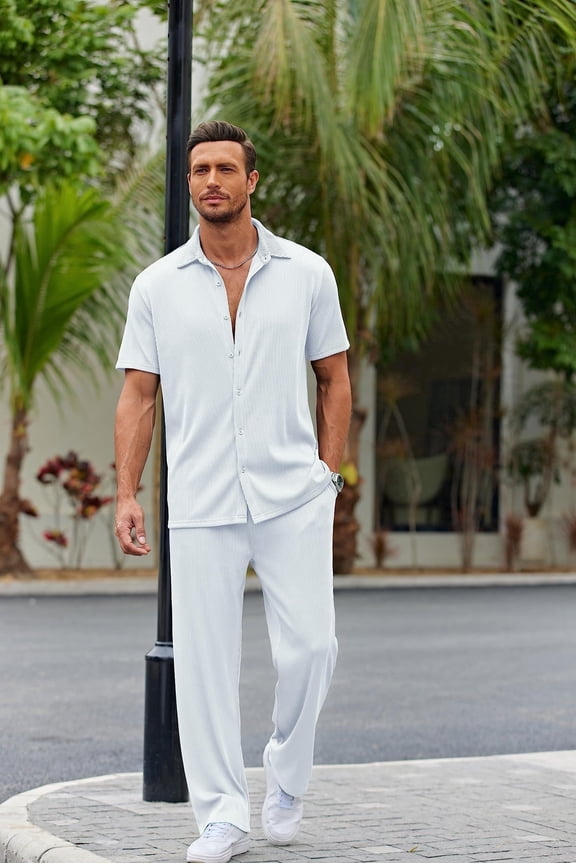 Men's 2 Piece Outfit Casual Short Sleeve Button Down Shirt Beach Summer Loose Pant Sets