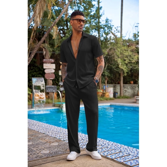 COOFANDY Men's 2 Piece Outfit Casual Short Sleeve Button Down Shirt Beach Summer Loose Pant Sets