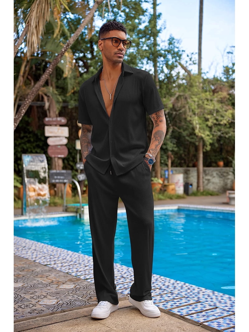 COOFANDY Men's 2 Piece Outfit Casual Short Sleeve Button Down Shirt Beach Summer Loose Pant Sets - Walmart.com COOFANDY Men's 2 Piece Outfit Casual Short Sleeve Button Down Shirt Beach Summer Loose Pant Sets - Walmart.com