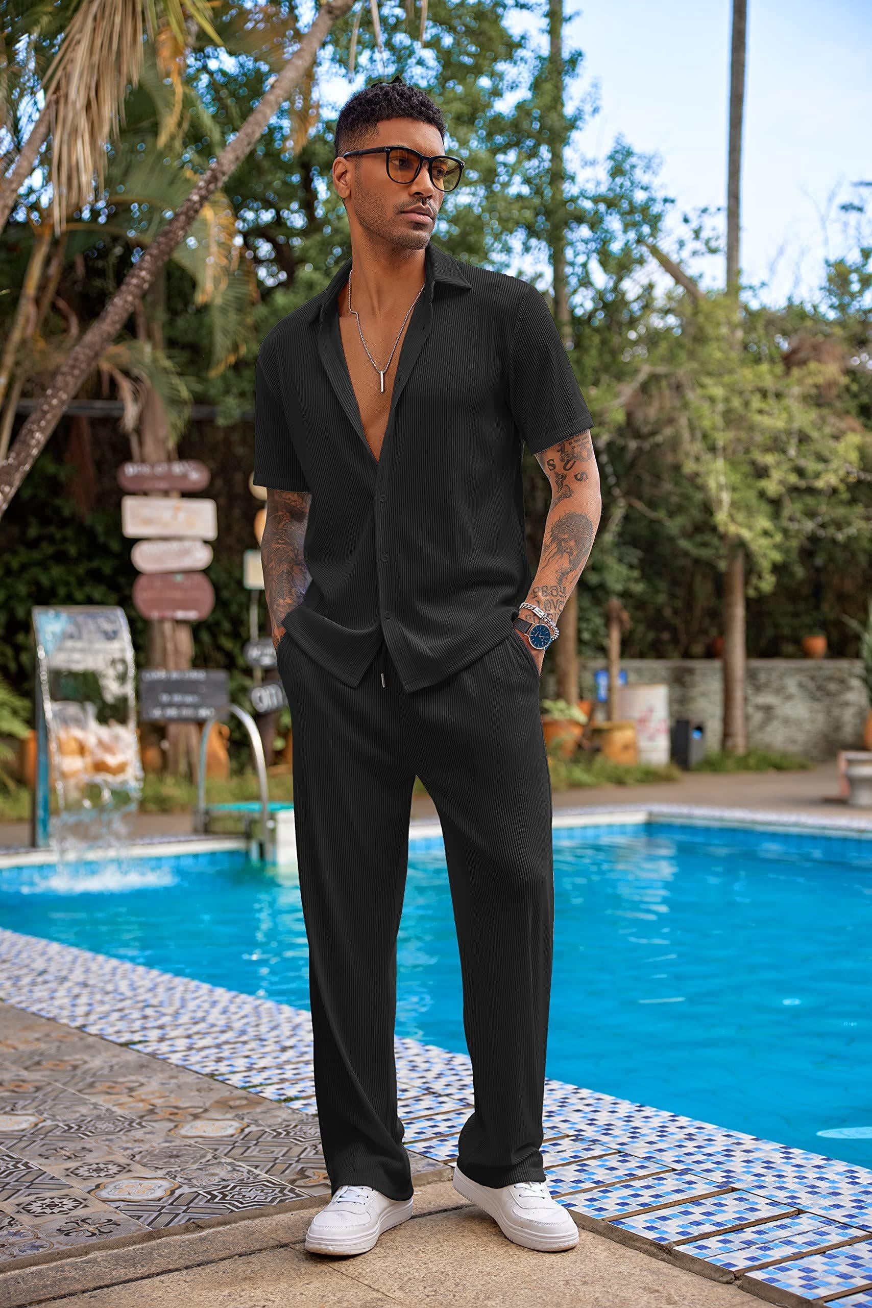 Manviss Men’s 2-Piece Casual Slim Fit Suit – Short Sleeve Summer Outfit With Drawstring Pants