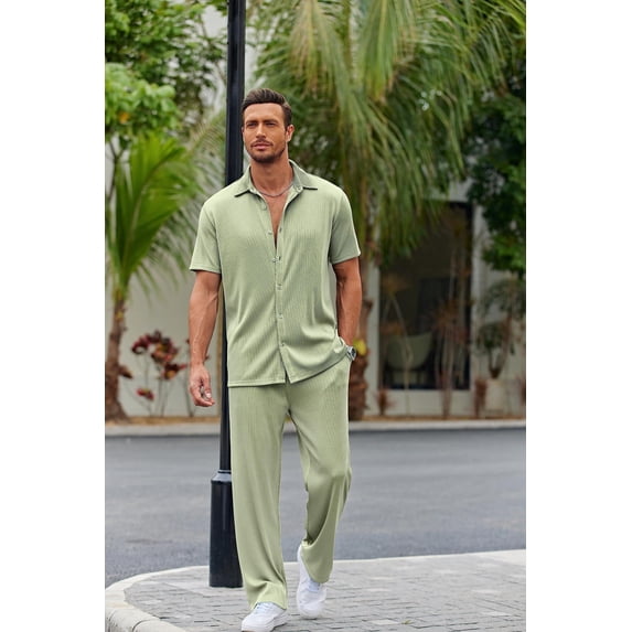 COOFANDY Men's 2 Piece Outfit Casual Short Sleeve Button Down Shirt Beach Summer Loose Pant Sets