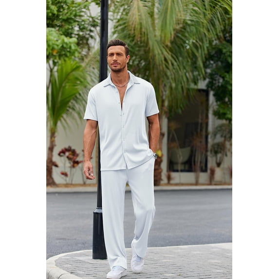 COOFANDY Men's 2 Piece Outfit Casual Short Sleeve Button Down Shirt Beach Summer Loose Pant Sets