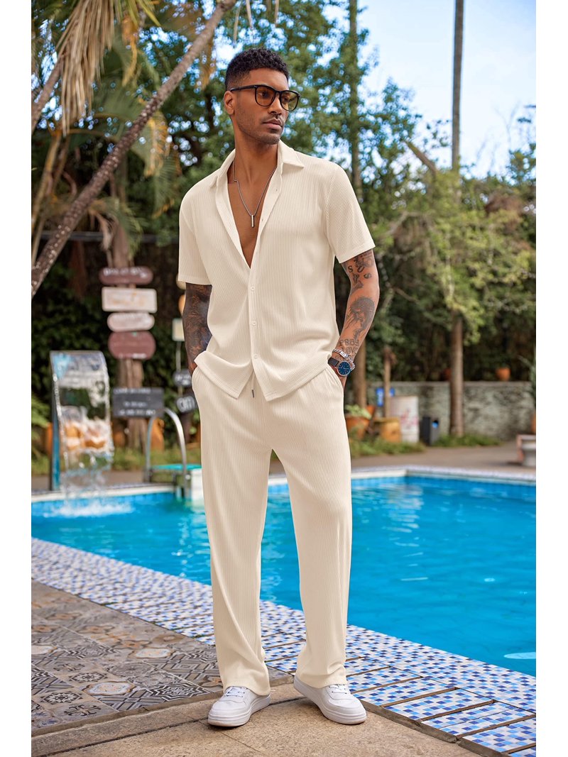 COOFANDY Men Outfits 2 Pieces Fashion Hip Pop Casual Button Down Shirts And Pants Sets