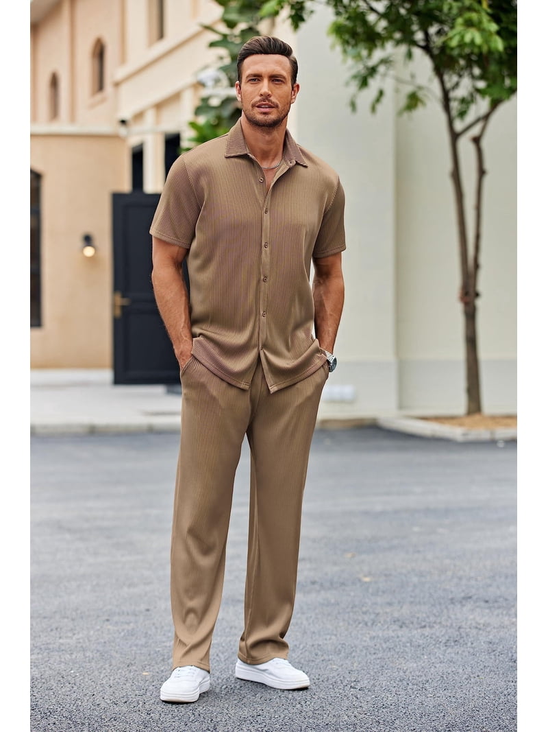 COOFANDY Men Summer Suit Short Sleeve Casual Stylish Button Down Shirt Pants Set
