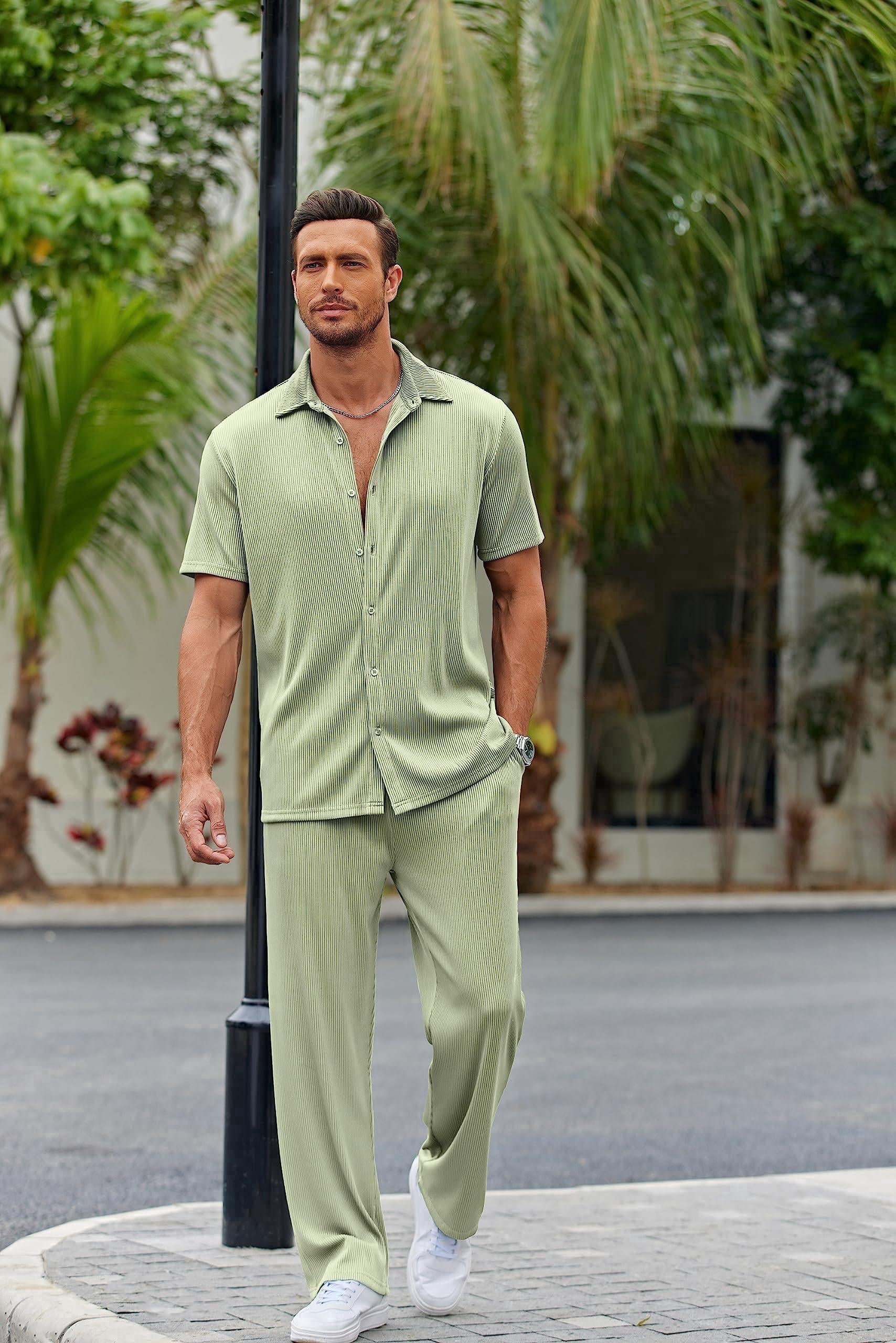 COOFANDY Men's 2 Piece Outfit Casual Short Sleeve Button Down Shirt Beach  Summer Loose Pant Sets - Walmart.com