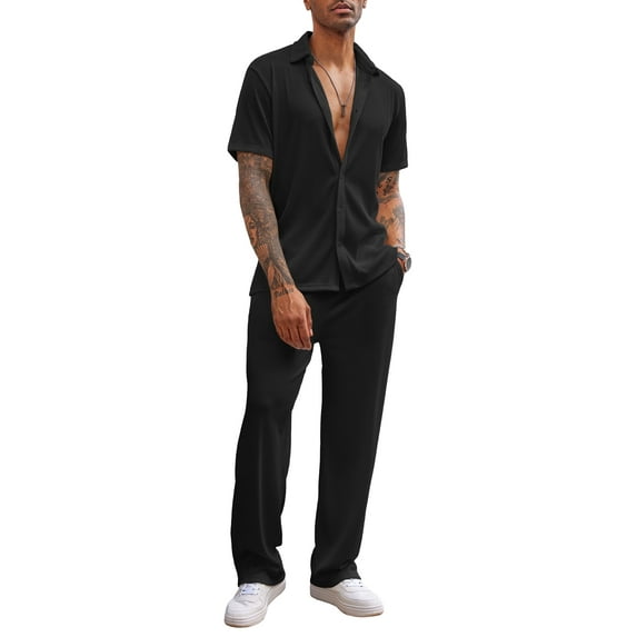 Coshow Men's 2 Piece Outfit Casual Short Sleeve Button Down Shirt Beach Summer Loose Pant Sets