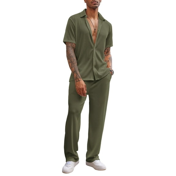 Coshow Men's 2 Piece Outfit Casual Short Sleeve Button Down Shirt Beach Summer Loose Pant Sets