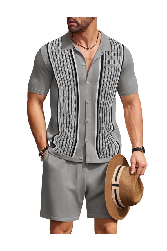 Men's Short Sleeve Knitted Set 2 Piece Vintage Polo Outfits Button Down Casual Suit