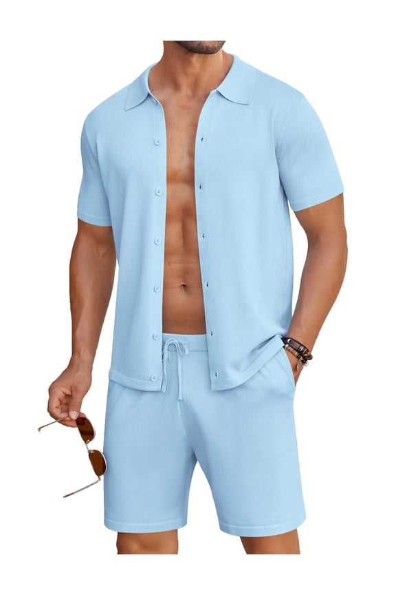 Men's 2 Piece Outfits Sets Casual Short Sleeve Button Down Knit Shirt and Shorts Sets Summer Beach Outfits