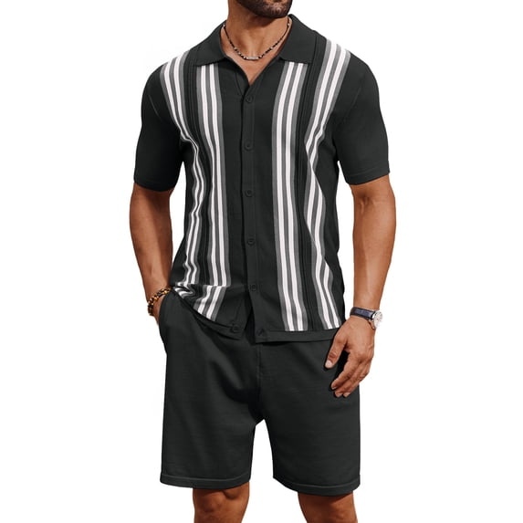 COOFANDY Men's 2 Piece Short Sets Casual Button Down Shirt and Shorts Set Knit Polo Set Vintage Summer Beach Outfits