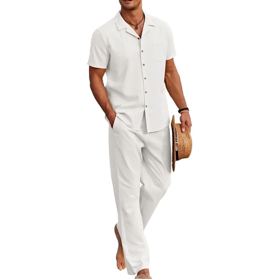 COOFANDY Men's 2 Piece Summer Beach Linen Button Down Shirt & Pant Outfit Set