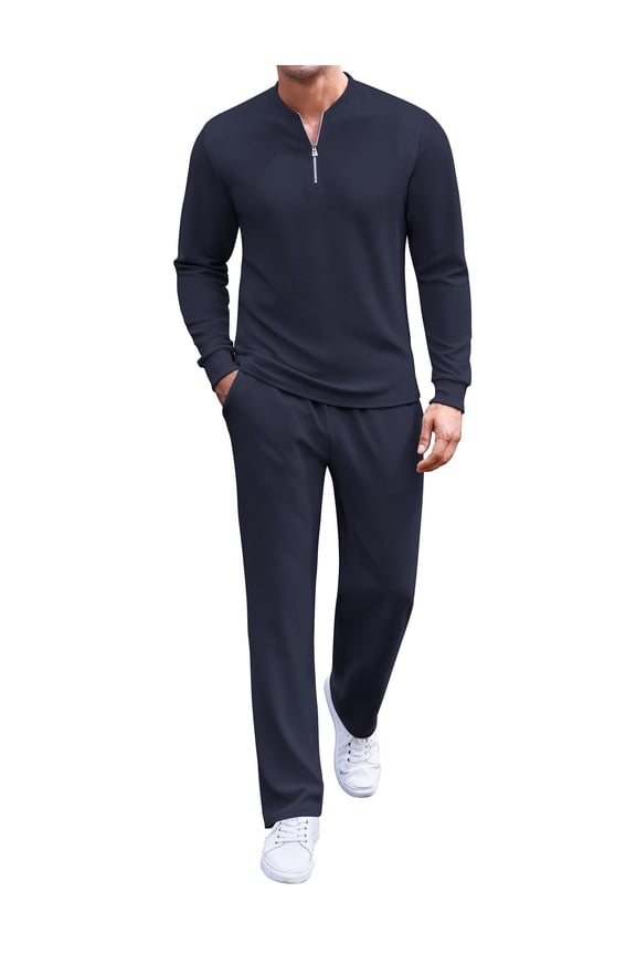 Men's Quarter Zip Polo Sweatsuit Polo 2 Piece Set Jogging Outfits Tracksuit Athletic Pants and Long Sleeve Casual Sports Set