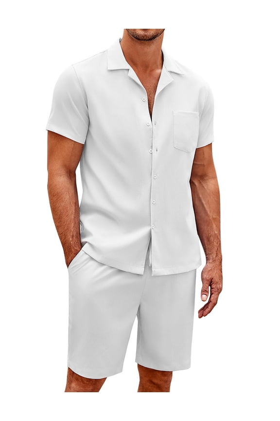 Men's 2 Pieces Casual Beach Outfits Short Sleeve Button Down Shirts Summer Short Set