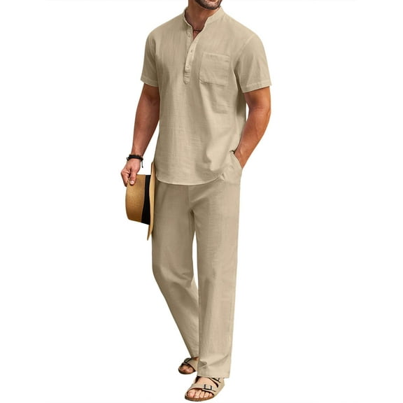 COOFANDY Men's 2 Pieces Cotton Linen Set Short Sleeve Hippie Henley Shirts Casual Beach Pants With Pockets Summer Yoga Set