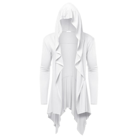 COOFANDY Men's Long Hooded Cardigan - Ruffle Shawl Collar Open Front Lightweight Drape Cape Overcoat with Pockets