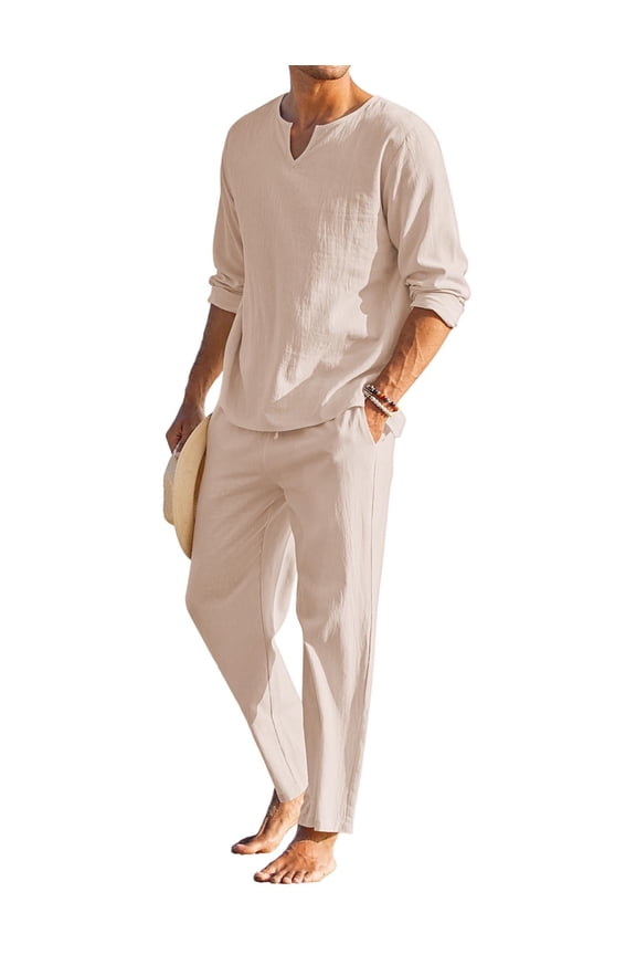 Men's Matching Set Summer Beach 2 Piece Linen Outfits Long Sleeve Casual Shirt Elastic Waist Drawstring Pants Set