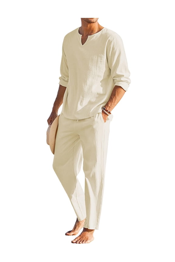 Men's 2 Pieces Cotton Linen Set Henley Shirt Long Sleeve and Casual Beach Pants Summer Yoga Outfits