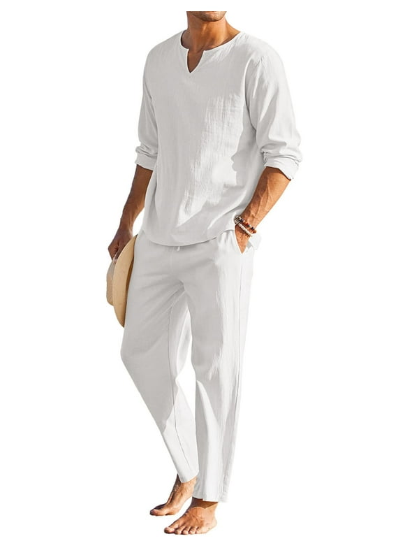 Men's 2 Pieces Cotton Linen Set Henley Shirt Long Sleeve and Casual Beach Pants Summer Yoga Outfits