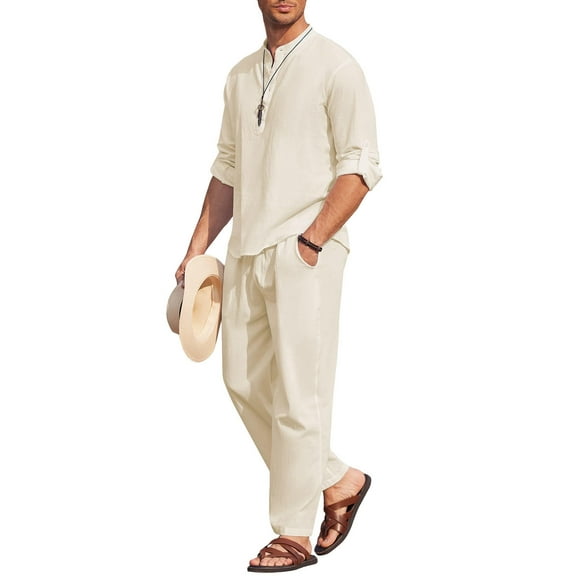 COOFANDY Men's 2 Pieces Cotton Linen Set Long Sleeve Henley Shirts Casual Beach Pants With Pockets Summer Yoga Outfits
