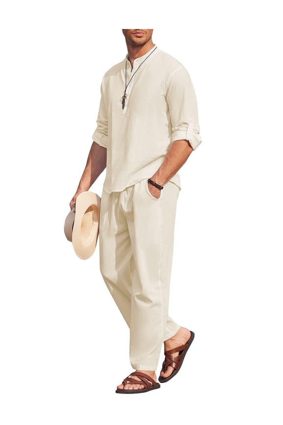 Men's 2 Pieces Cotton Linen Set Long Sleeve Henley Shirts Casual Beach Pants With Pockets Summer Yoga Outfits
