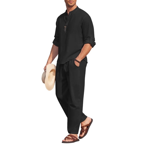 COOFANDY Men's 2 Pieces Cotton Linen Set Long Sleeve Henley Shirts Casual Beach Pants With Pockets Summer Yoga Outfits