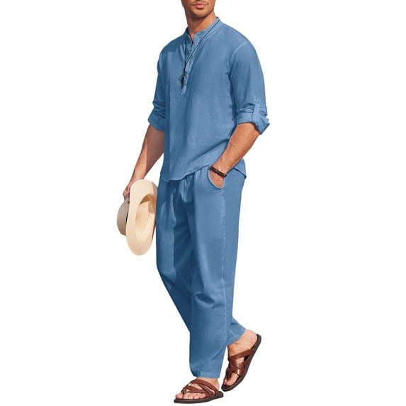 COOFANDY Men's 2 Pieces Cotton Linen Set Long Sleeve Henley Shirts Casual Beach Pants With Pockets Summer Yoga Outfits