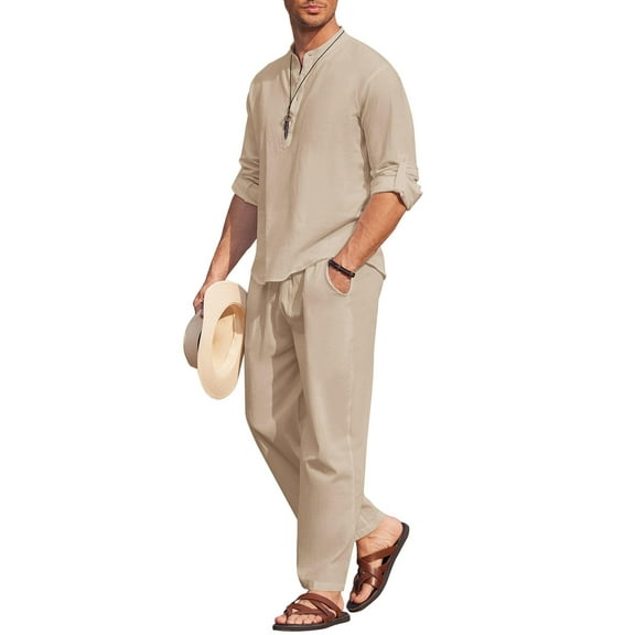 COOFANDY Men's 2 Pieces Cotton Linen Set Long Sleeve Henley Shirts Casual Beach Pants With Pockets Summer Yoga Outfits