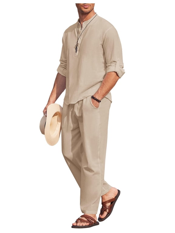 Men's 2 Pieces Cotton Linen Set Long Sleeve Henley Shirts Casual Beach Pants With Pockets Summer Yoga Outfits