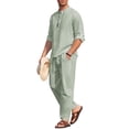 thumbnail image 1 of COOFANDY Men's 2 Pieces Cotton Linen Set Long Sleeve Henley Shirts Casual Beach Pants With Pockets Summer Yoga Outfits, 1 of 7