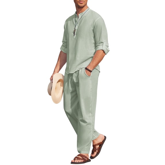 COOFANDY Men's 2 Pieces Cotton Linen Set Long Sleeve Henley Shirts Casual Beach Pants With Pockets Summer Yoga Outfits