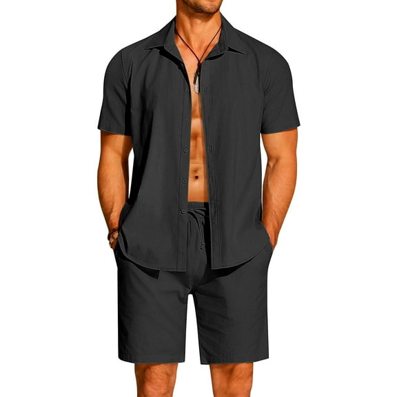 COOFANDY Men's Two Piece Summer Sets Cotton Linen Button Up Short Sleeve Shirts Wedding Matching Island Beach Shorts