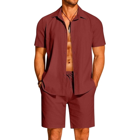 COOFANDY Men's Cotton Linen Sets Short Sleeve Button Down Shirts Summer Beach Shorts Outfits Matching Swim Set Beach Attire