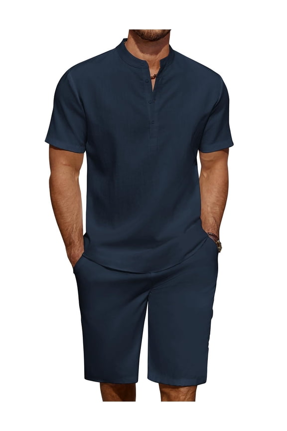 Men's 2 Pieces Linen Set Casual Henley Shirts Short Sleeve Beach Yoga Shorts Summer Pants Outfits