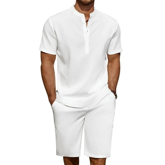 COOFANDY Men's 2 Pieces Linen Set Casual Henley Shirts Short Sleeve Beach Yoga Shorts Summer Pants Outfits
