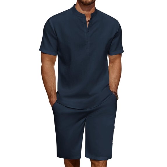 COOFANDY Men's 2 Pieces Linen Set Casual Henley Shirts Short Sleeve Beach Yoga Shorts Summer Pants Outfits