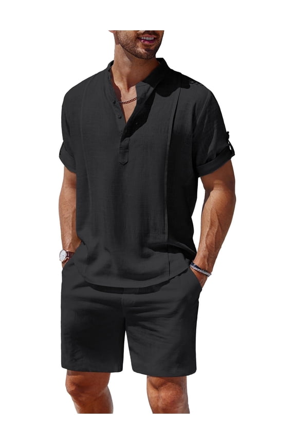 Men's 2 Pieces Linen Set Henley Shirt Short Sleeve and Shorts Summer Beach Yoga Matching Outfits