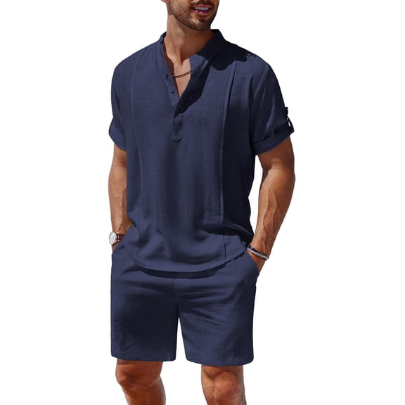 COOFANDY Men's 2 Pieces Linen Set Henley Shirt Short Sleeve and Shorts Summer Beach Yoga Matching Outfits