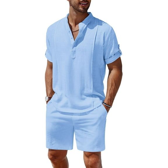 COOFANDY Men's 2 Pieces Linen Set Henley Shirt Short Sleeve and Shorts Summer Beach Yoga Matching Outfits