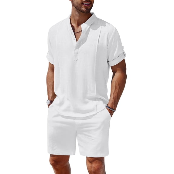 COOFANDY Men's 2 Pieces Linen Set Henley Shirt Short Sleeve and Shorts Summer Beach Yoga Matching Outfits